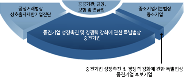 공공기관, 금융,보험 및 연금업 -> 공정거래법상 상호출자제한기업진단, 중견기업 성장촉진 및 경쟁력 강화에 관한 특별법상 중견기업, 중소기업기본법상 중소기업,중견기업 성장촉진 및 경쟁력 강화에 관한 특별법상 중견기업 후보기업